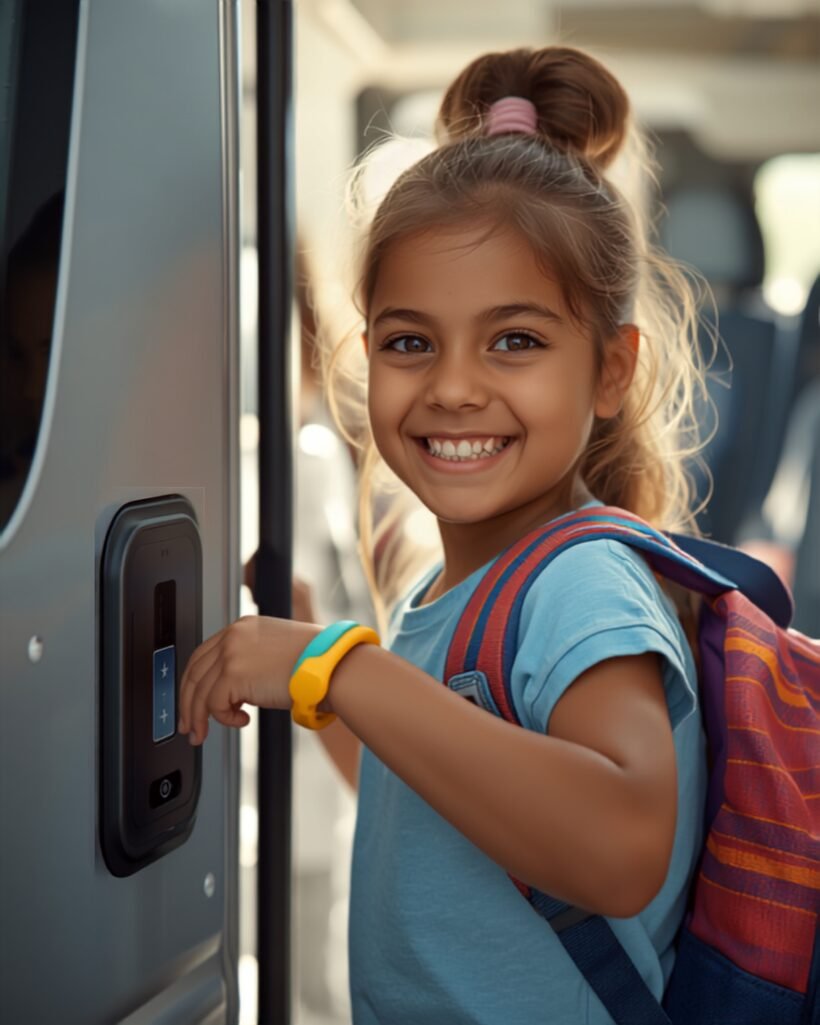 Criança com a pulseira embarcando na van escolar