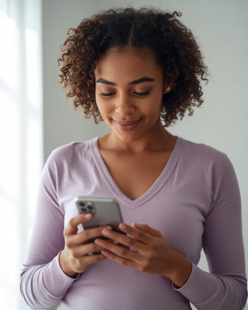 Mãe recebendo a notificação de embarque no celular